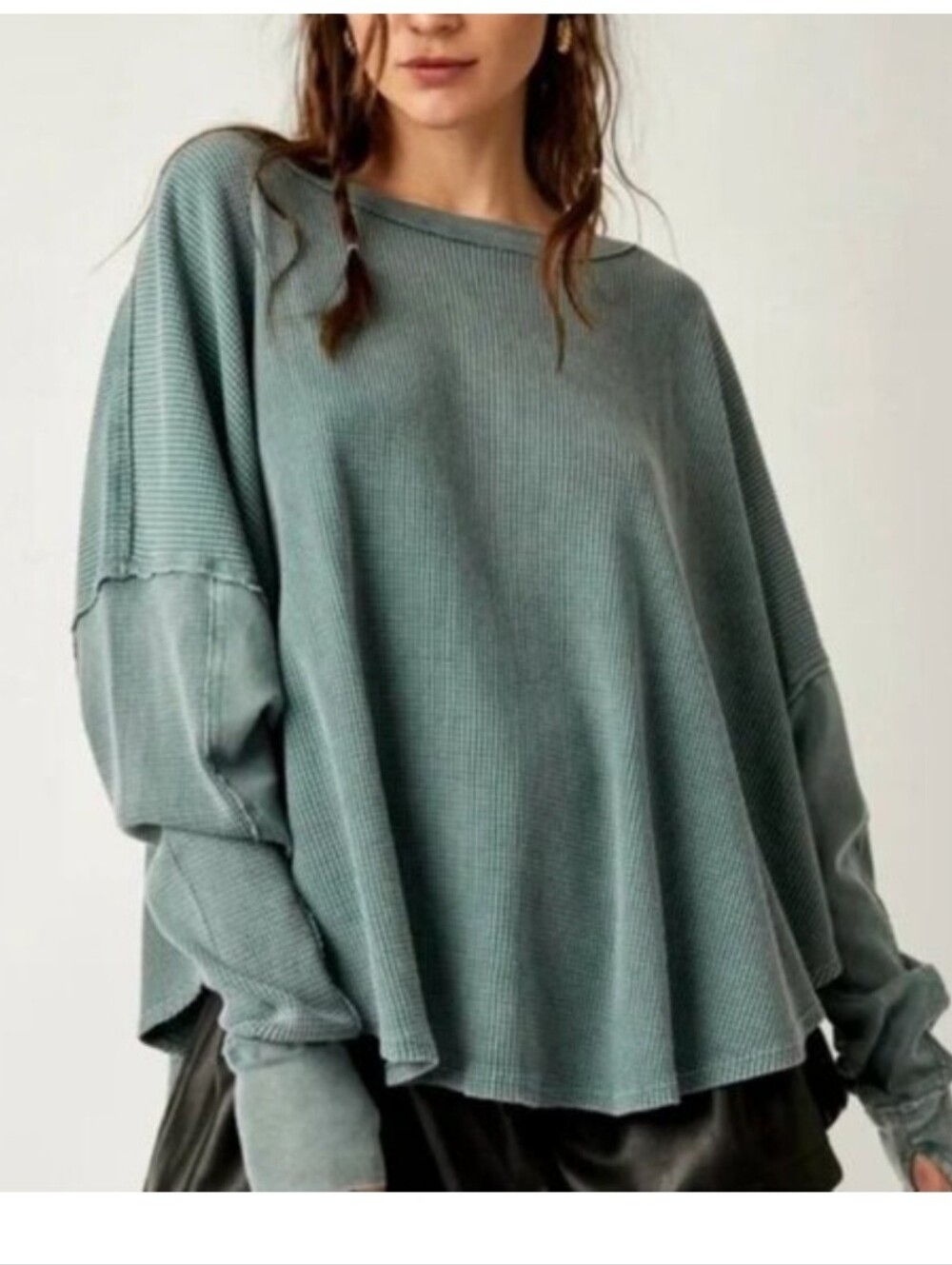 Free People Micophone Drop Waffle-Knit Long Sleeve Top- Silver Pine